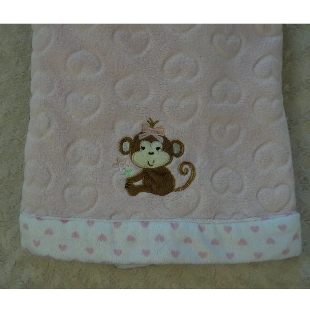 Little Me Monkey Baby Blanket Pink White Hearts Edge Trim Brown Tan Bow Flower